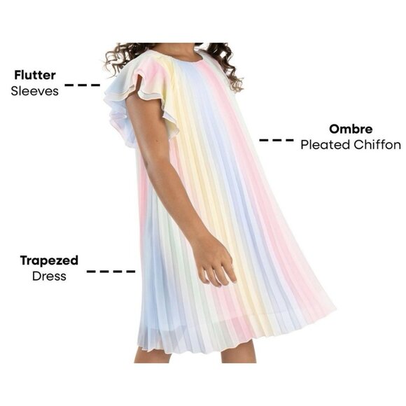 Rare Editions Girls Pastel Rainbow Pleated Dress Flutter Sleeves, Large (10/12) - Picture 2 of 9